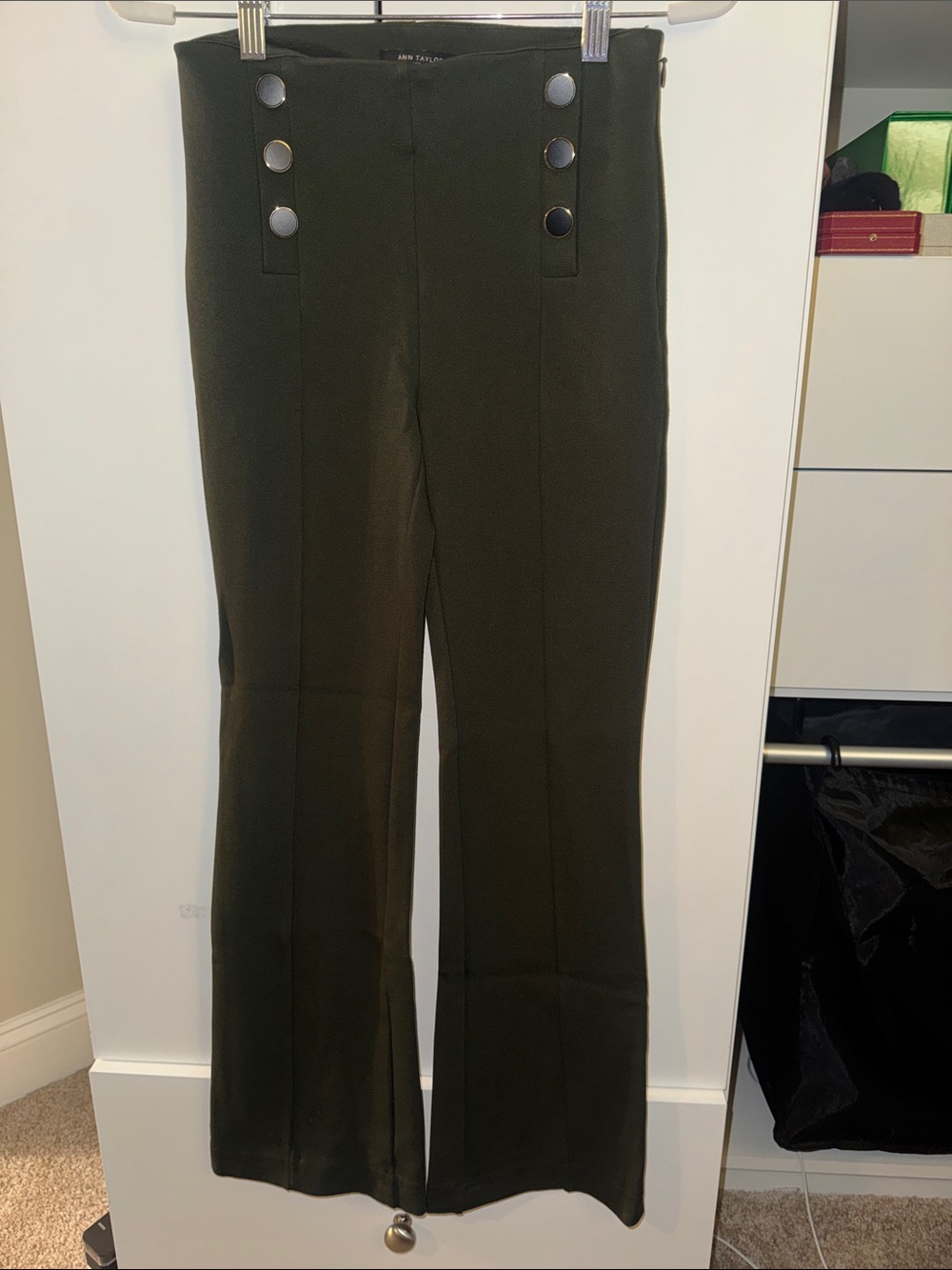 Ann Taylor Olive Green Button-Front Flare Pants
